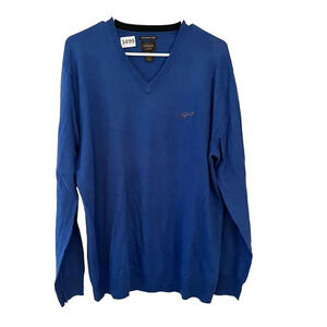 Greg Norman Tasso Ella Mens Blue Pullover Sweater Large Italian Spun Yarn V Neck